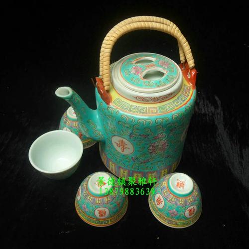 景德鎮廠貨瓷/手工粉彩綠萬壽無疆5頭提梁壺茶具/送老人祝壽禮品